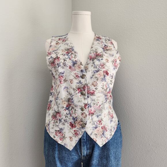 American Vintage Jackets & Blazers - Vintage 90s Y2K Marmie West Floral Tapestry Button Vest Waistcoat M Cottagecore